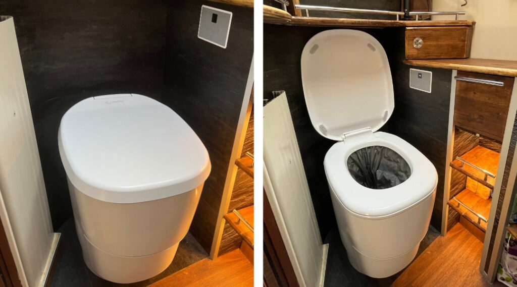 Zwei Perspektiven einer Folienschweißtoilette Clesana.
